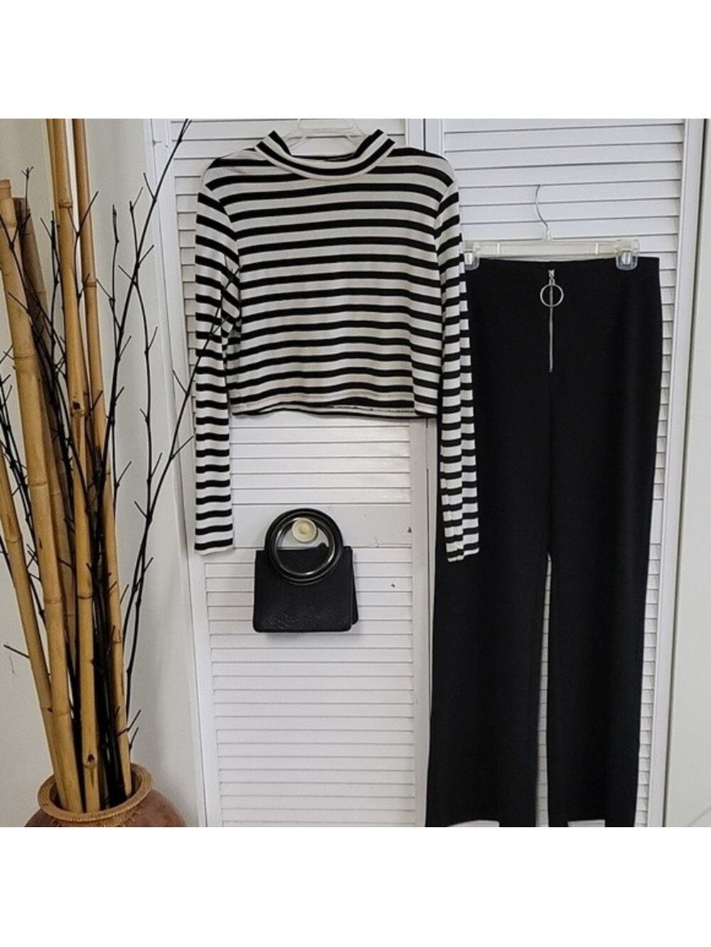 Forever 21 Striped Crop Long Sleeve Tee with Black high waist pants